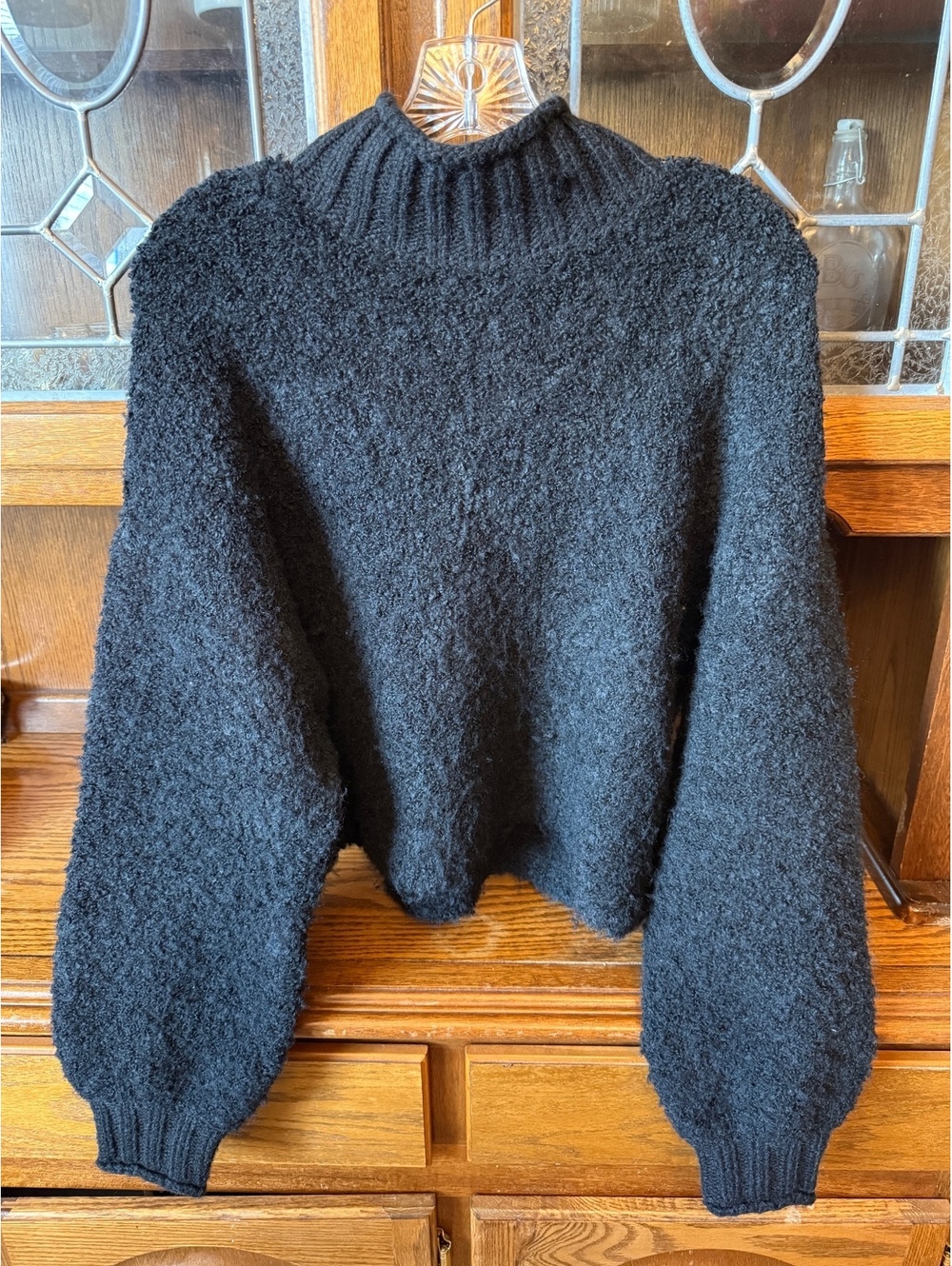 American Eagle Boucle Mock Neck Sweater M Black Cropped Balloon Sleeve Teddy